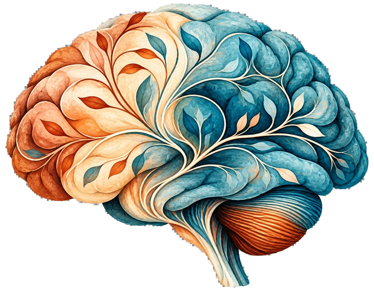 Illustrazione artistica del cervello umano con elementi botanici blu petrolio e terracotta