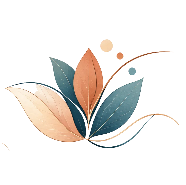 Illustrazione botanica stilizzata con foglie blu e terracotta, simbolo di crescita e trasformazione