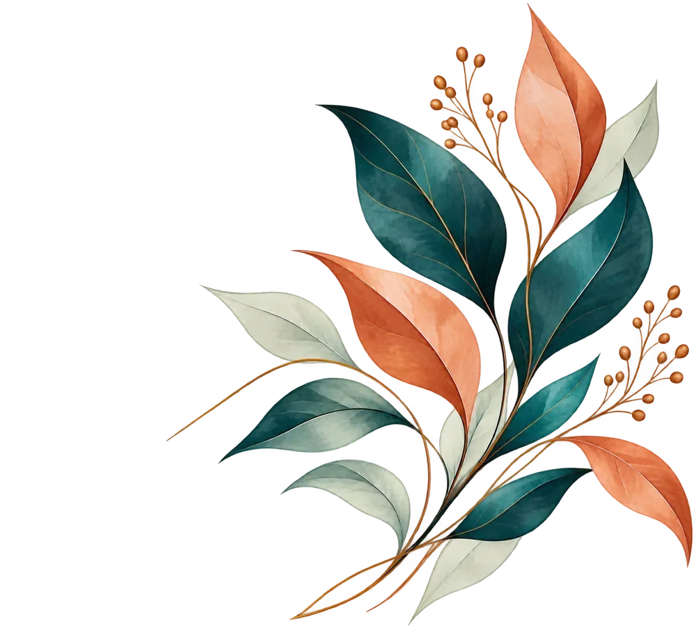 Illustrazione botanica con foglie blu petrolio e terracotta.